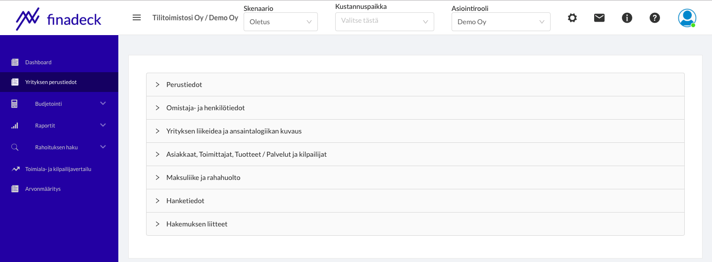 perustietojen ylläpito - tilitoimiston dashboard